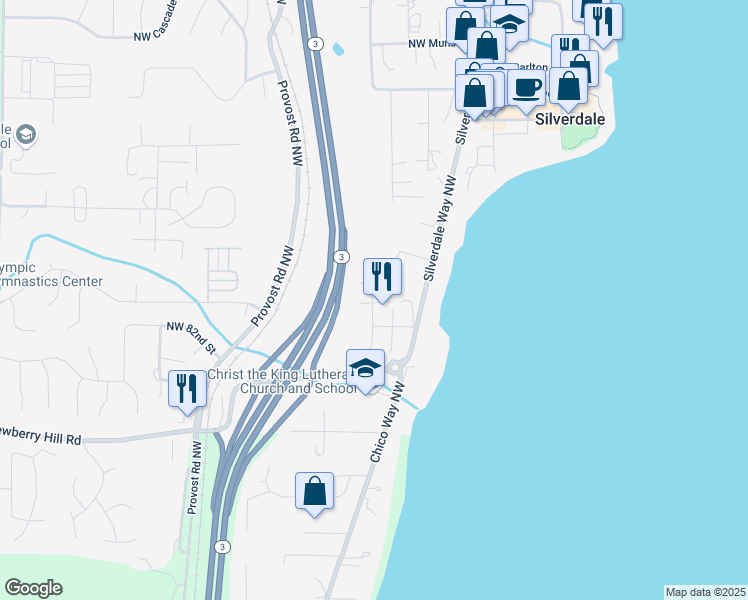 map of restaurants, bars, coffee shops, grocery stores, and more near 8511 Knute Lane Northwest in Silverdale