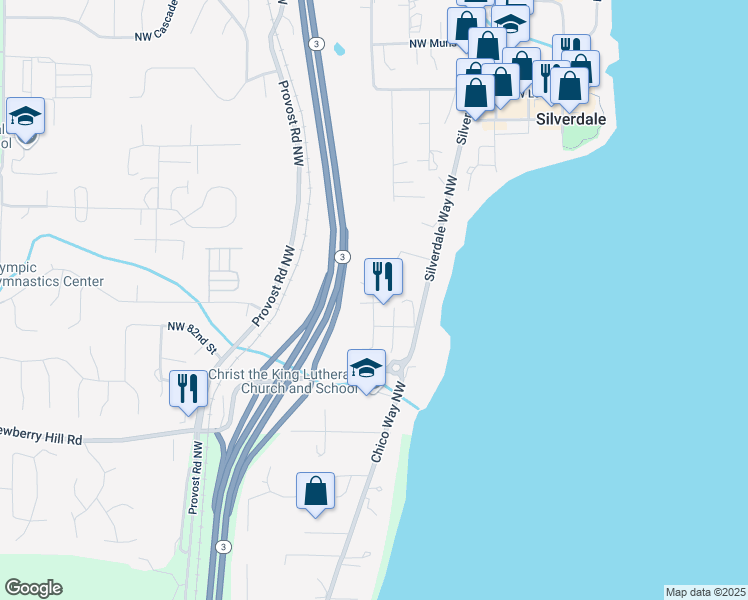 map of restaurants, bars, coffee shops, grocery stores, and more near 8511 Knute Lane Northwest in Silverdale
