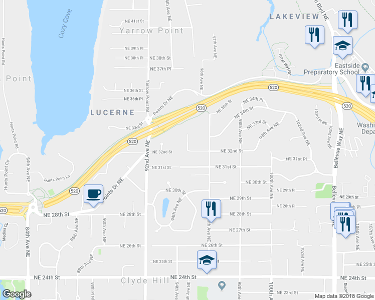 map of restaurants, bars, coffee shops, grocery stores, and more near 3183 95th Place Northeast in Clyde Hill