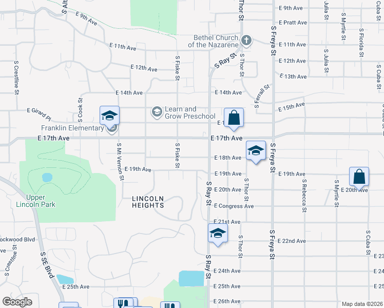 map of restaurants, bars, coffee shops, grocery stores, and more near 3127 East 18th Avenue in Spokane