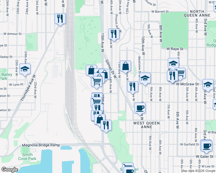 map of restaurants, bars, coffee shops, grocery stores, and more near 2246-1/2 15th Avenue West in Seattle