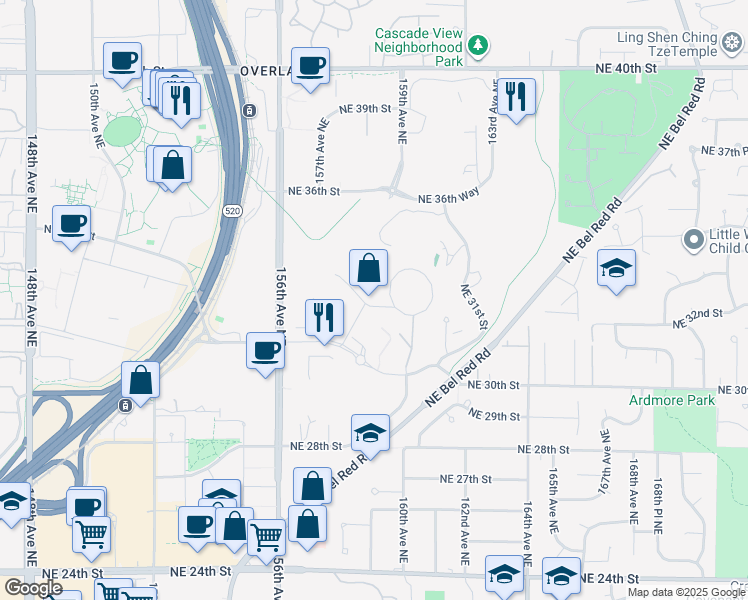 map of restaurants, bars, coffee shops, grocery stores, and more near 1 Microsoft Way in Redmond