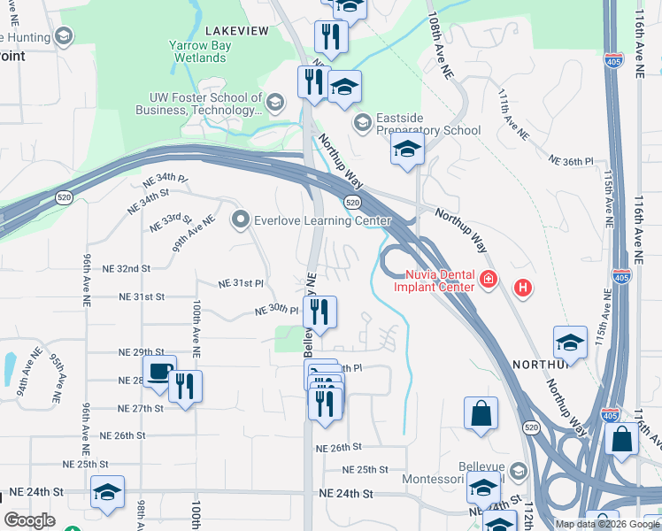 map of restaurants, bars, coffee shops, grocery stores, and more near 10506 Northeast 32nd Place in Bellevue