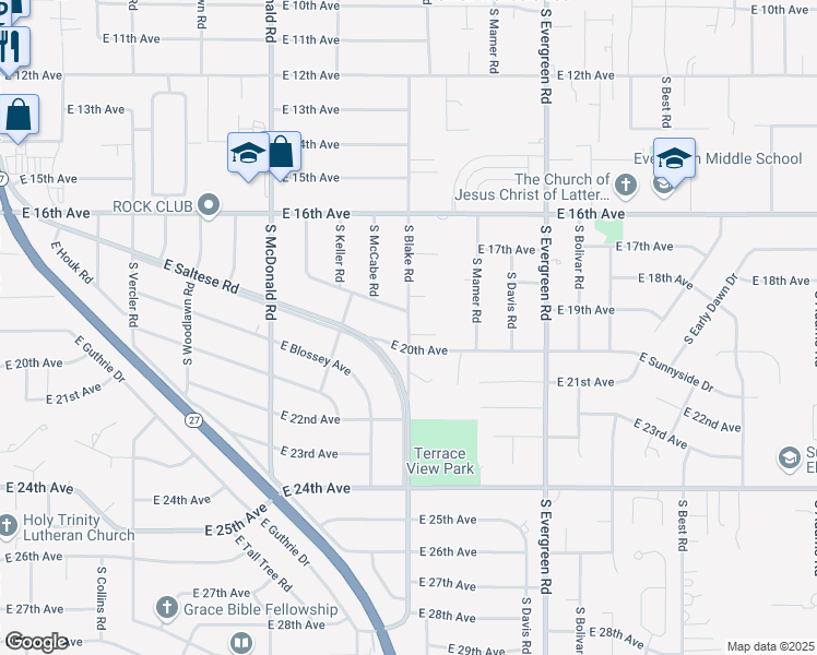 map of restaurants, bars, coffee shops, grocery stores, and more near 1905 South Blake Road in Spokane Valley