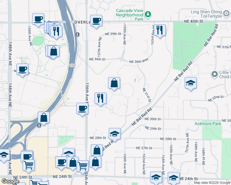 map of restaurants, bars, coffee shops, grocery stores, and more near 3350 157th Avenue Northeast in Redmond