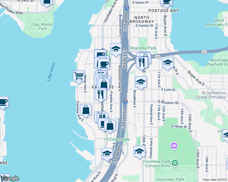 map of restaurants, bars, coffee shops, grocery stores, and more near 2303 Franklin Avenue East in Seattle