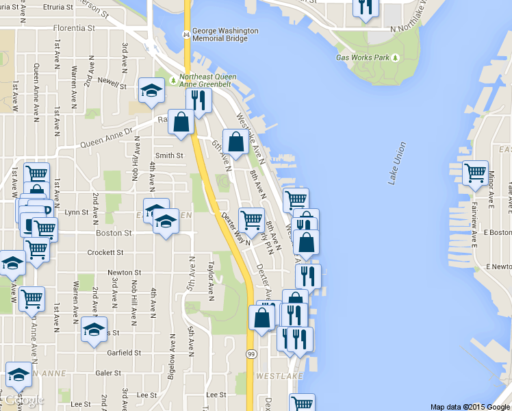map of restaurants, bars, coffee shops, grocery stores, and more near 2415 8th Avenue North in Seattle