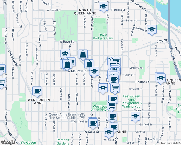 map of restaurants, bars, coffee shops, grocery stores, and more near in Seattle