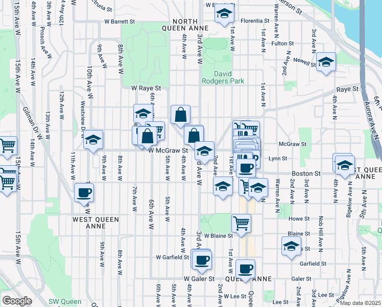 map of restaurants, bars, coffee shops, grocery stores, and more near in Seattle