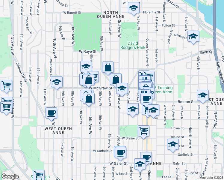 map of restaurants, bars, coffee shops, grocery stores, and more near 2411 4th Avenue West in Seattle