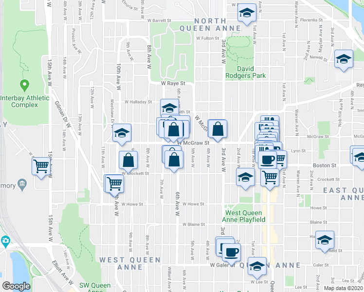 map of restaurants, bars, coffee shops, grocery stores, and more near 2411 5th Avenue West in Seattle