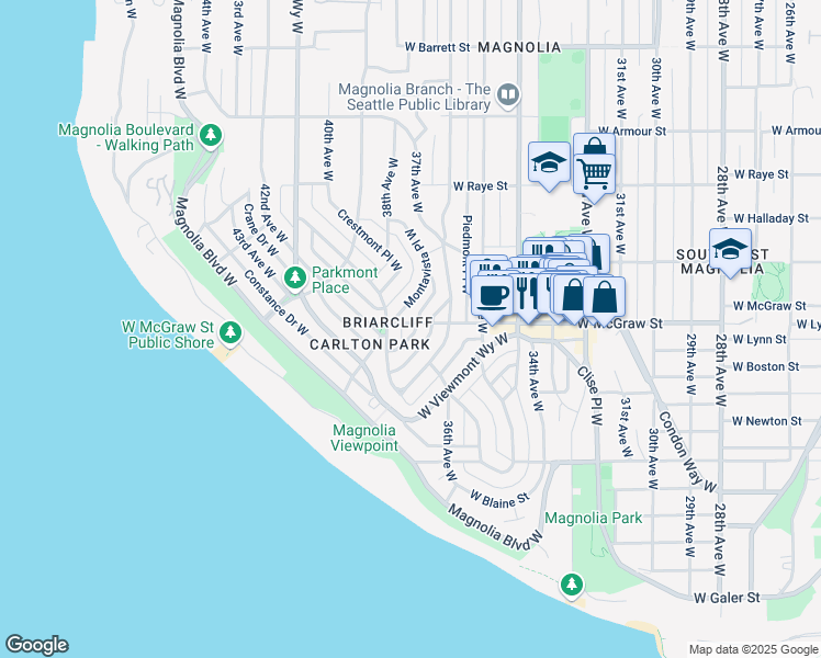 map of restaurants, bars, coffee shops, grocery stores, and more near 2416 Eyres Place West in Seattle