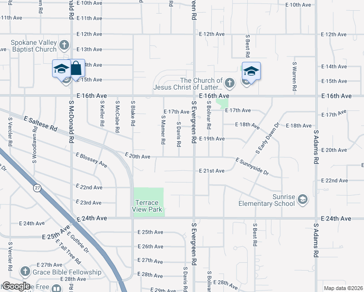 map of restaurants, bars, coffee shops, grocery stores, and more near 1815 South Davis Road in Spokane Valley