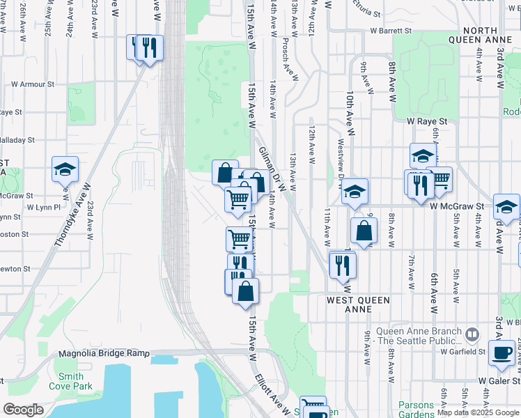 map of restaurants, bars, coffee shops, grocery stores, and more near 2222 15th Avenue West in Seattle