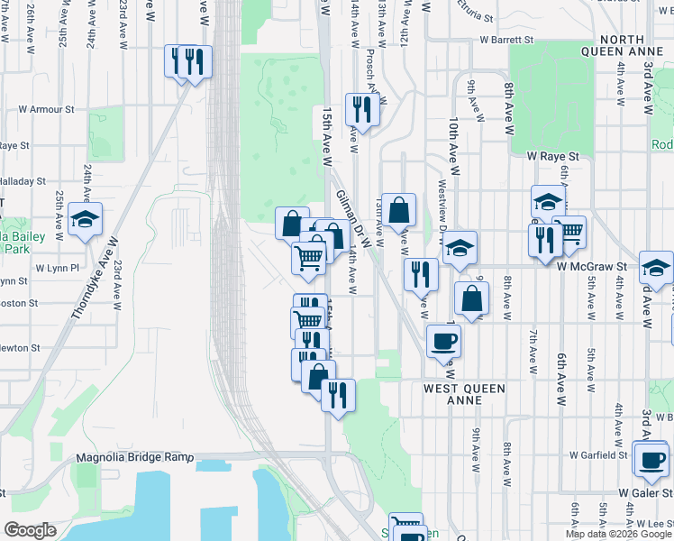 map of restaurants, bars, coffee shops, grocery stores, and more near 2246-1/2 15th Avenue West in Seattle