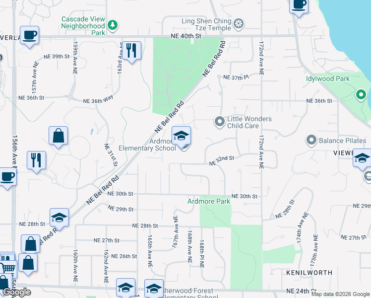 map of restaurants, bars, coffee shops, grocery stores, and more near 16616 Northeast 32nd Street in Bellevue
