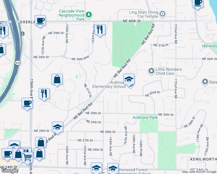 map of restaurants, bars, coffee shops, grocery stores, and more near 3341 165th Place Northeast in Bellevue