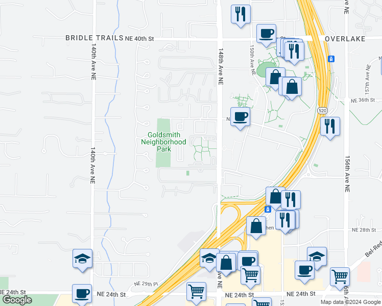 map of restaurants, bars, coffee shops, grocery stores, and more near 14645 Northeast 34th Street in Bellevue