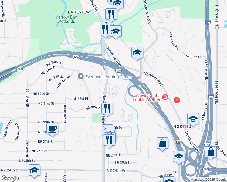 map of restaurants, bars, coffee shops, grocery stores, and more near 10430 Northeast 32nd Place in Bellevue