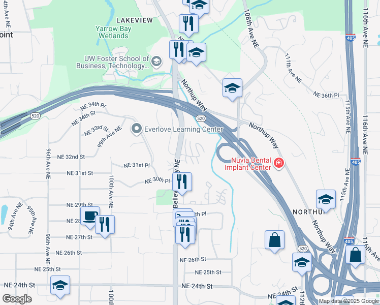 map of restaurants, bars, coffee shops, grocery stores, and more near 10430 Northeast 32nd Place in Bellevue