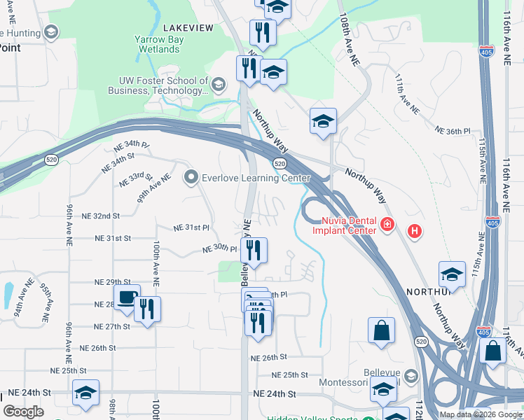 map of restaurants, bars, coffee shops, grocery stores, and more near 10430 Northeast 32nd Place in Bellevue