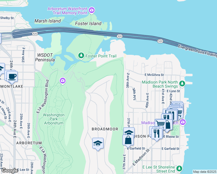 map of restaurants, bars, coffee shops, grocery stores, and more near 3403 East Shore Drive in Seattle