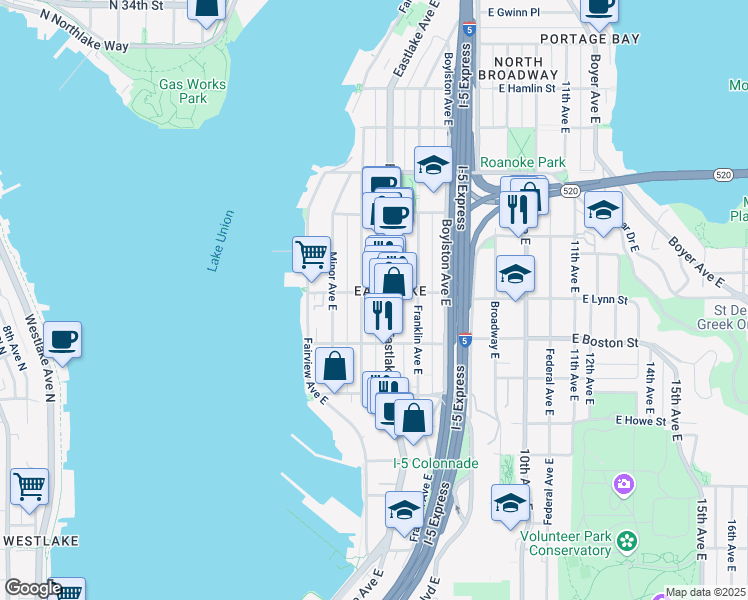 map of restaurants, bars, coffee shops, grocery stores, and more near in Seattle