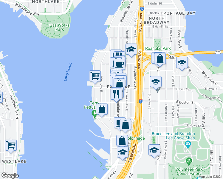 map of restaurants, bars, coffee shops, grocery stores, and more near in Seattle