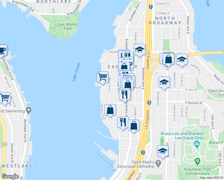 map of restaurants, bars, coffee shops, grocery stores, and more near in Seattle