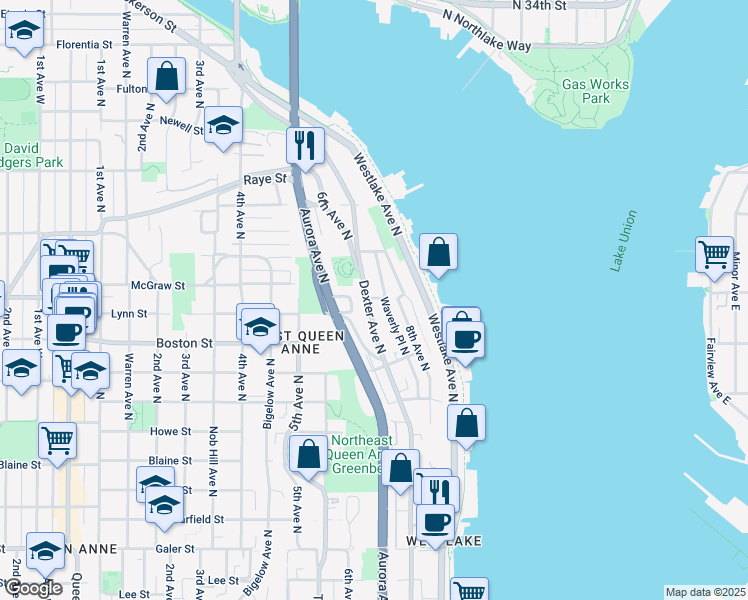 map of restaurants, bars, coffee shops, grocery stores, and more near 2419 Dexter Avenue North in Seattle