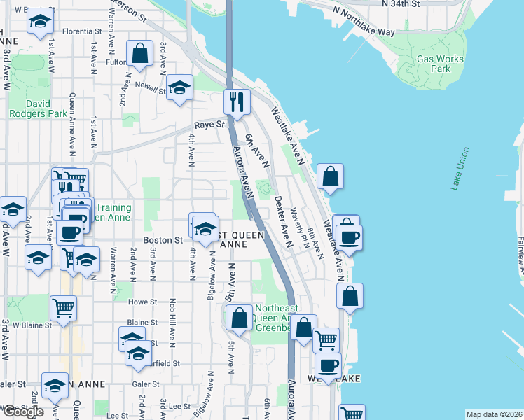 map of restaurants, bars, coffee shops, grocery stores, and more near 2400 Aurora Avenue North in Seattle