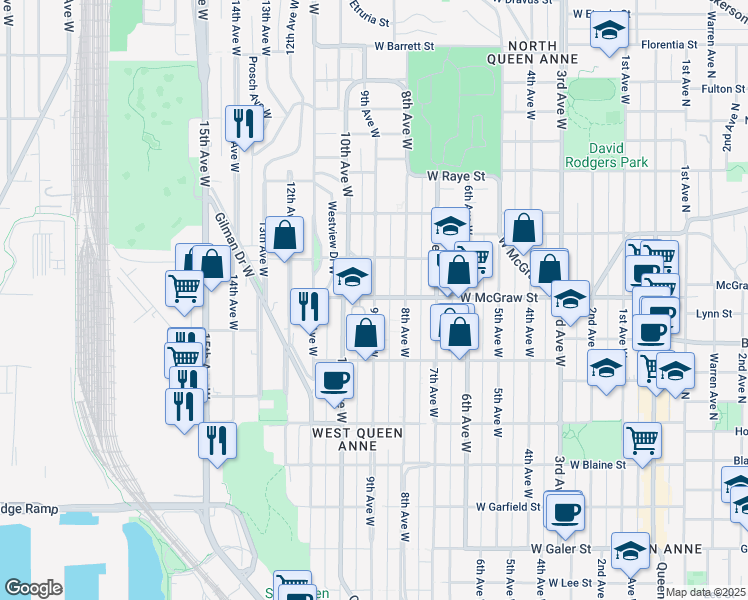 map of restaurants, bars, coffee shops, grocery stores, and more near 2414 9th Avenue West in Seattle