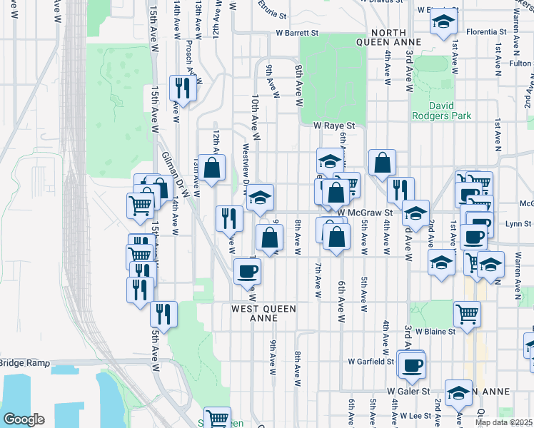 map of restaurants, bars, coffee shops, grocery stores, and more near 2408 10th Avenue West in Seattle