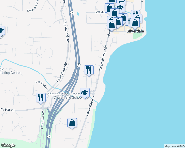 map of restaurants, bars, coffee shops, grocery stores, and more near 8511 Knute Lane Northwest in Silverdale