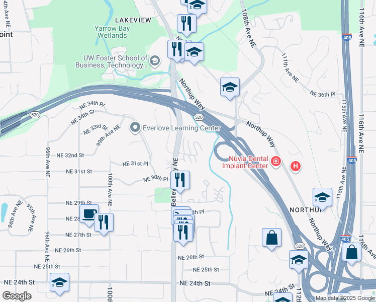 map of restaurants, bars, coffee shops, grocery stores, and more near 10430 Northeast 32nd Place in Bellevue