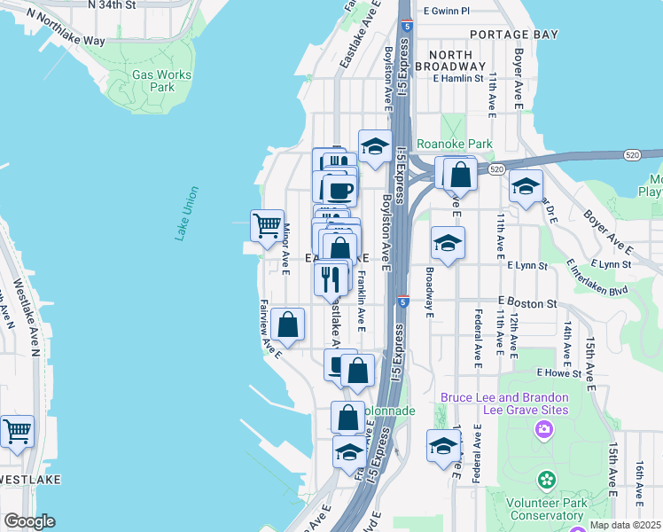 map of restaurants, bars, coffee shops, grocery stores, and more near in Seattle
