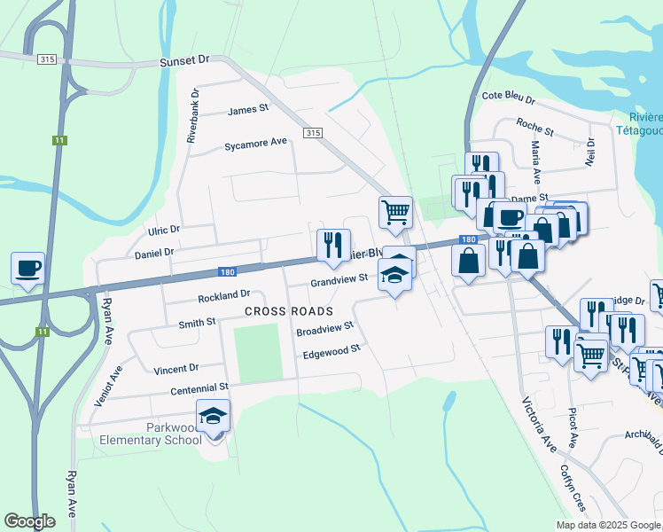 map of restaurants, bars, coffee shops, grocery stores, and more near 915 Vanier Boulevard in Bathurst