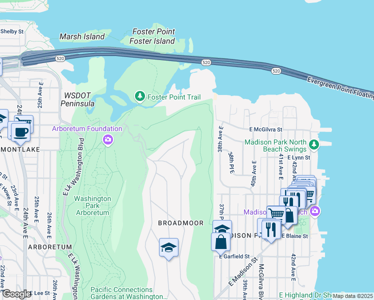 map of restaurants, bars, coffee shops, grocery stores, and more near 2232 Waverly Way East in Seattle