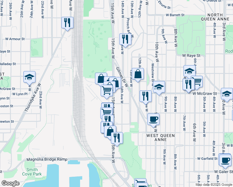 map of restaurants, bars, coffee shops, grocery stores, and more near 2222 15th Avenue West in Seattle