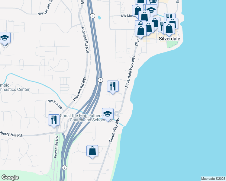 map of restaurants, bars, coffee shops, grocery stores, and more near 8511 Knute Lane Northwest in Silverdale