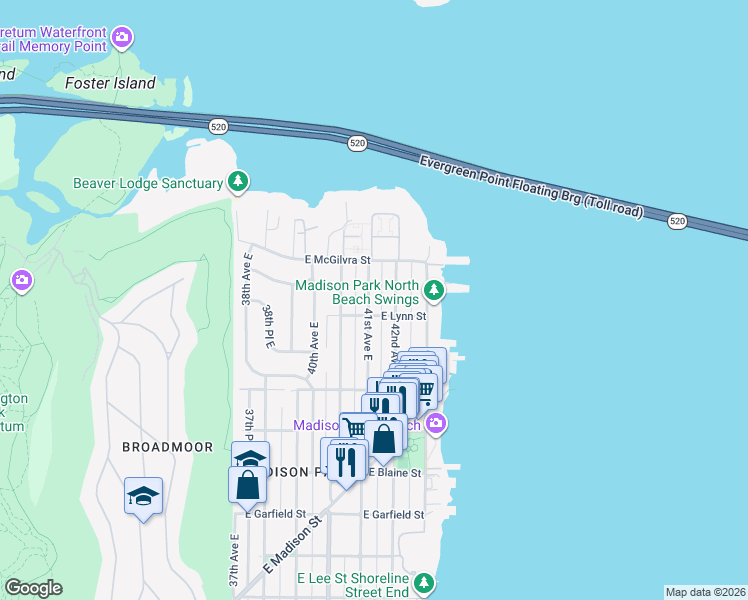 map of restaurants, bars, coffee shops, grocery stores, and more near 2329 41st Avenue East in Seattle