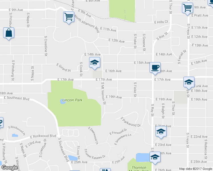 map of restaurants, bars, coffee shops, grocery stores, and more near 2711 East 18th Avenue in Spokane