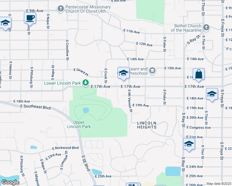 map of restaurants, bars, coffee shops, grocery stores, and more near 2525 East 19th Avenue in Spokane