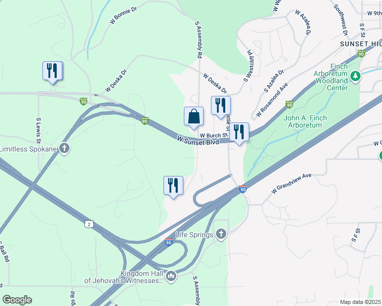 map of restaurants, bars, coffee shops, grocery stores, and more near 1724 South Assembly Street in Spokane