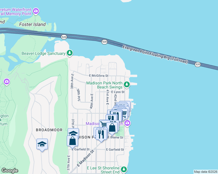 map of restaurants, bars, coffee shops, grocery stores, and more near 2329 41st Avenue East in Seattle