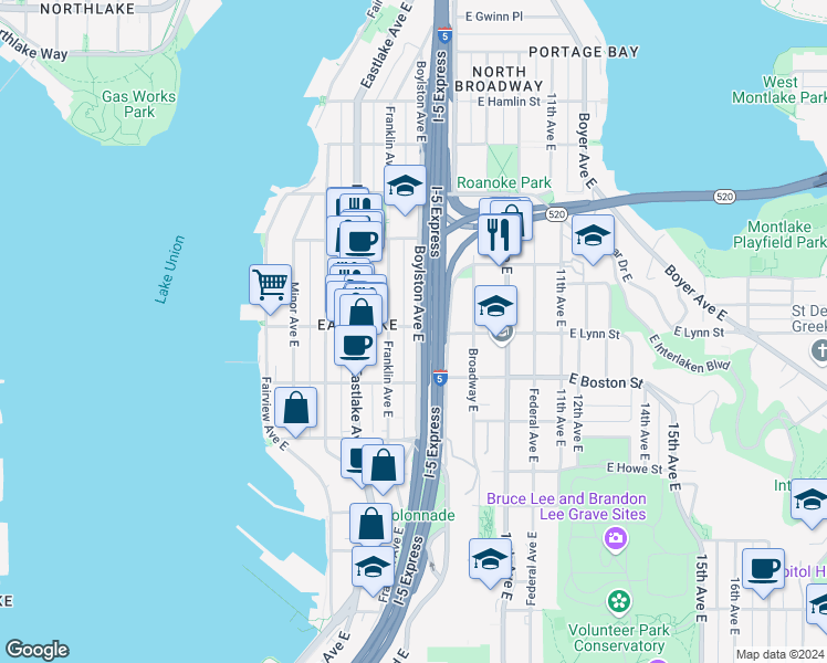 map of restaurants, bars, coffee shops, grocery stores, and more near 2301 Boylston Avenue East in Seattle