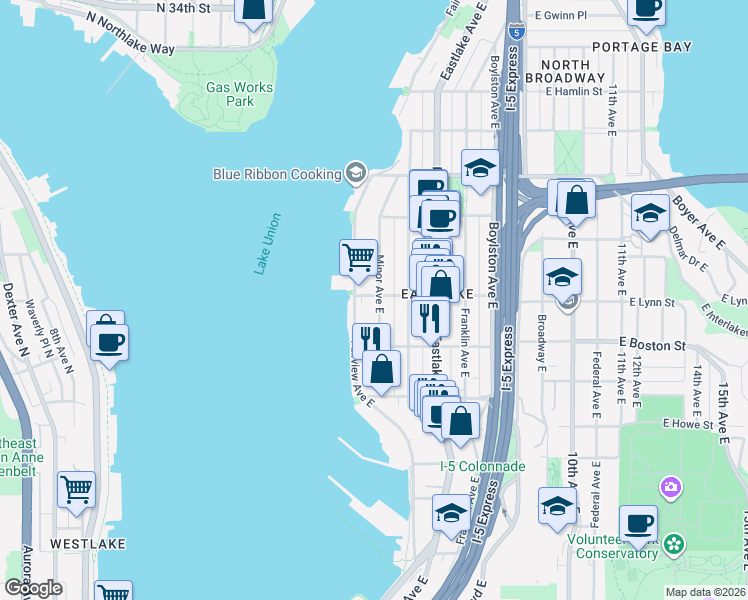 map of restaurants, bars, coffee shops, grocery stores, and more near in Seattle