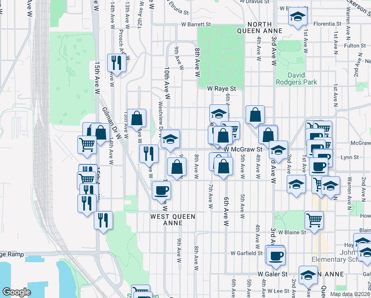 map of restaurants, bars, coffee shops, grocery stores, and more near 2414 9th Avenue West in Seattle