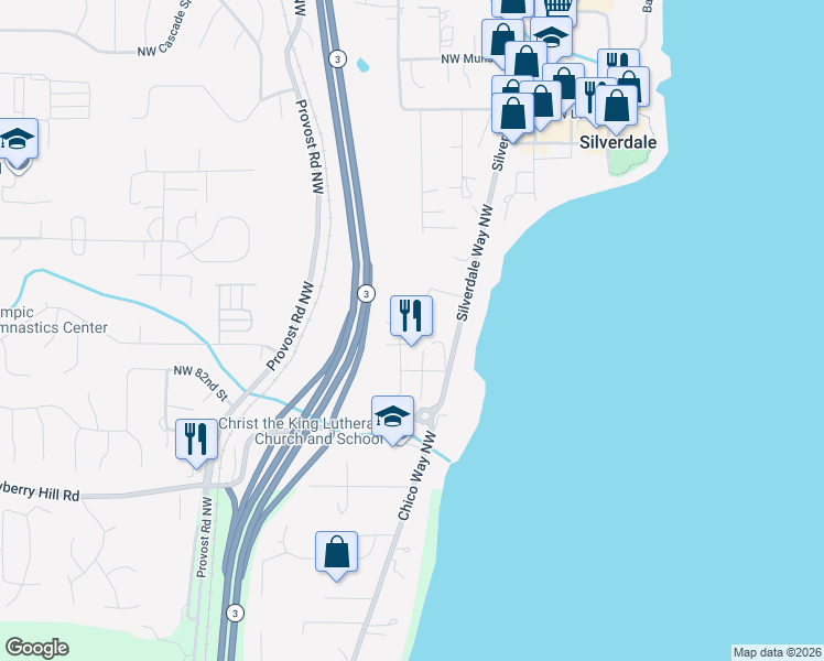map of restaurants, bars, coffee shops, grocery stores, and more near 8511 Knute Lane Northwest in Silverdale