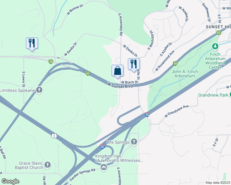 map of restaurants, bars, coffee shops, grocery stores, and more near 1700 South Assembly Street in Spokane